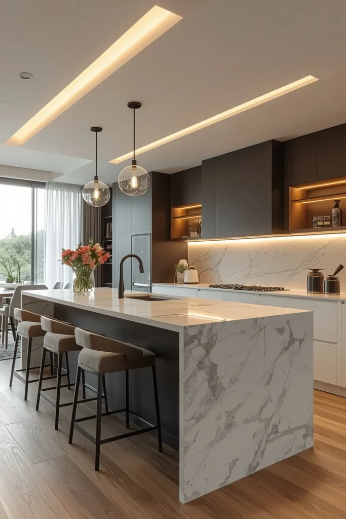 Layered ambient task and accent lighting in a modern kitchen.