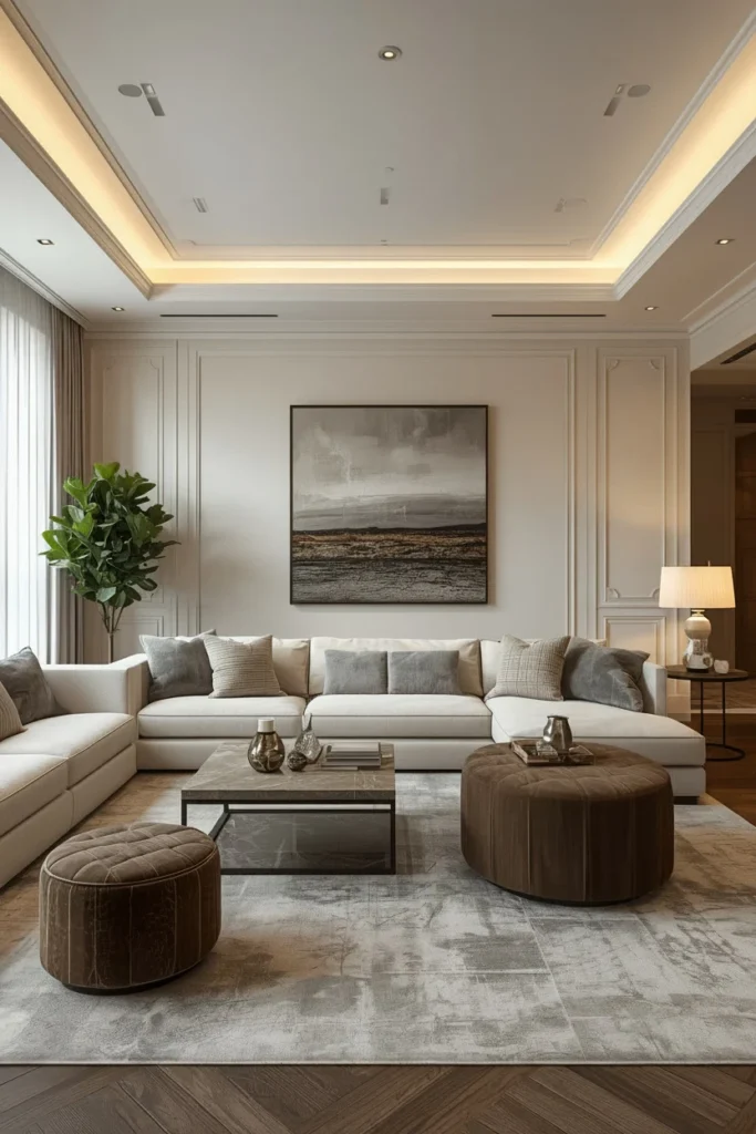 Floor lamp and warm bulb light in living room.