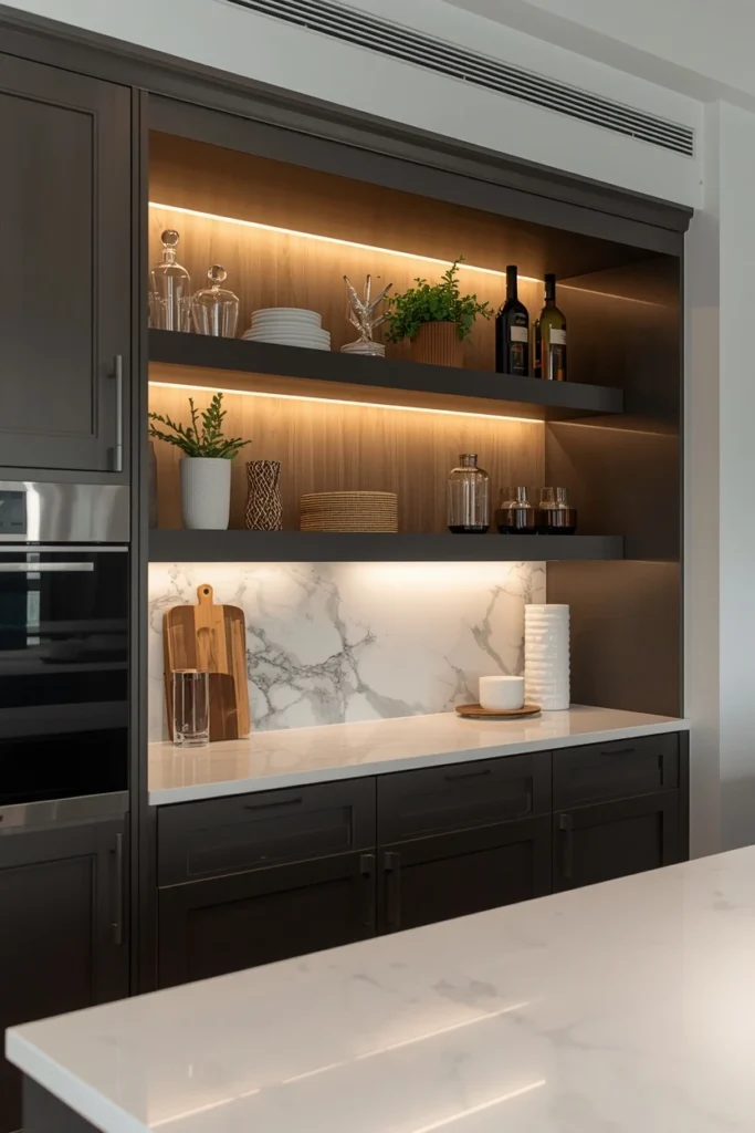 Hidden niche lighting illuminating styled open kitchen shelves.