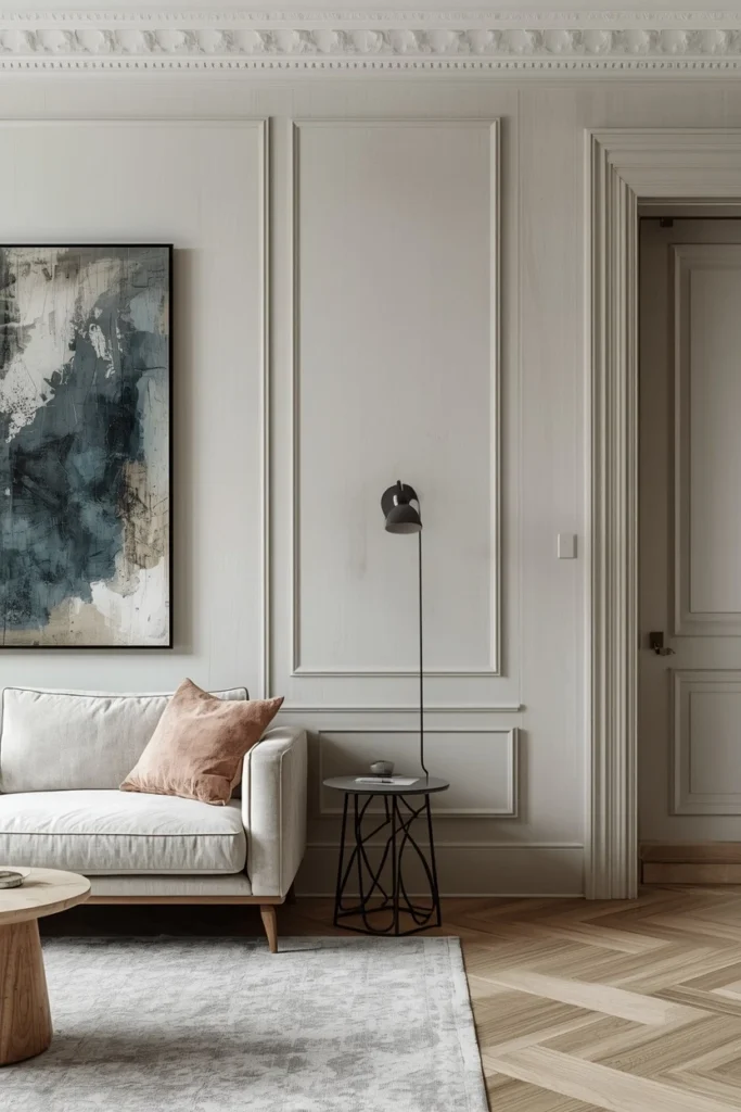 Textured limewash painted wall in cozy apartment