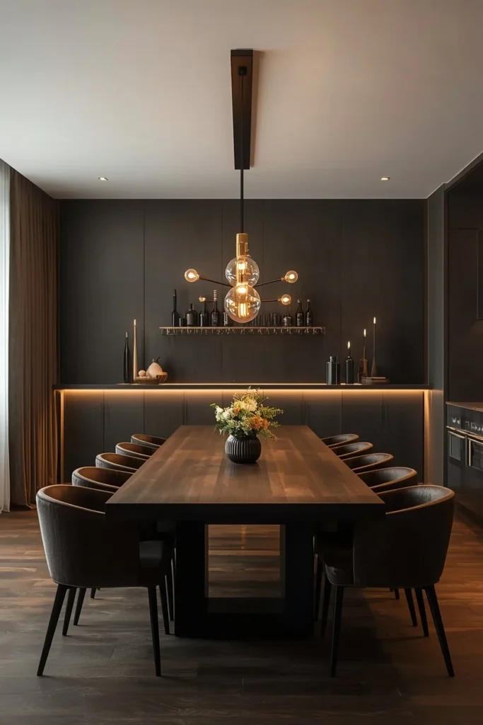 Linear pendant light running above a long dining table.