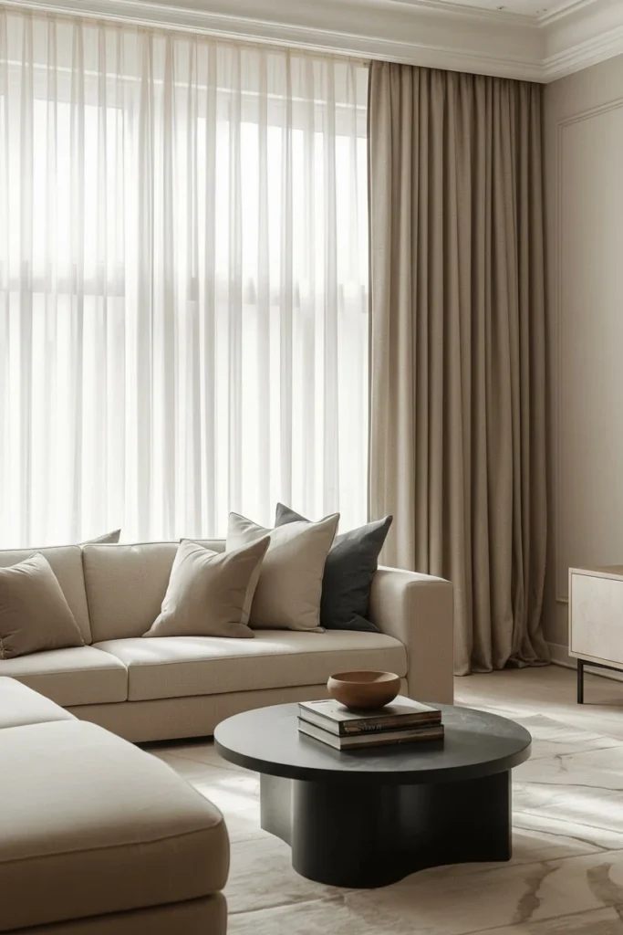 Floor-length linen curtains in neutral living room.
