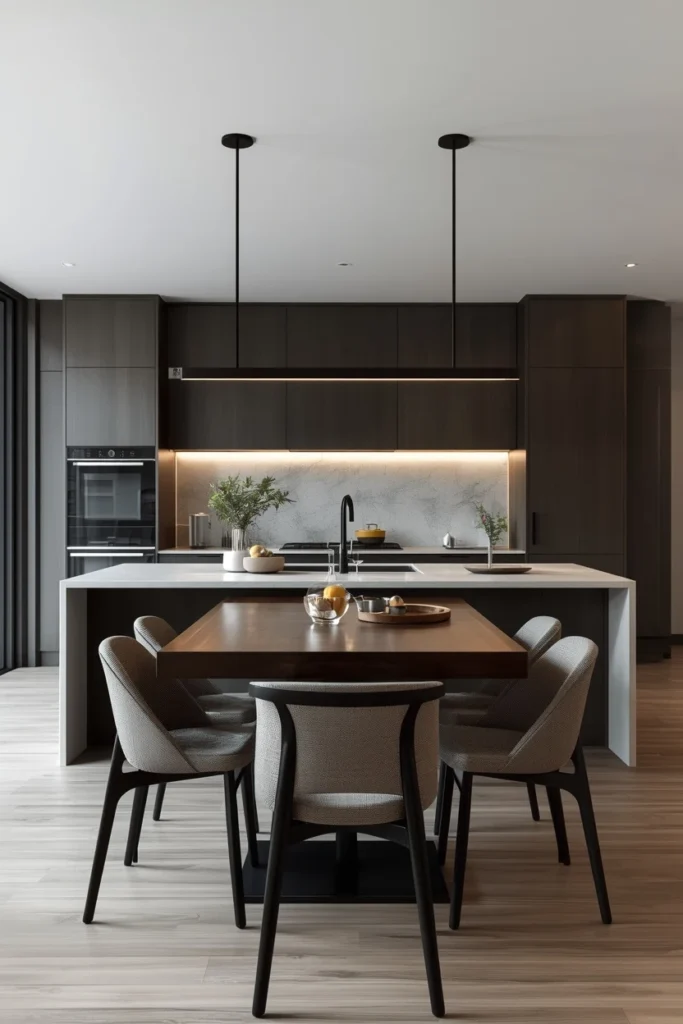 Long slim pendant light hanging above an open-plan dining table.
