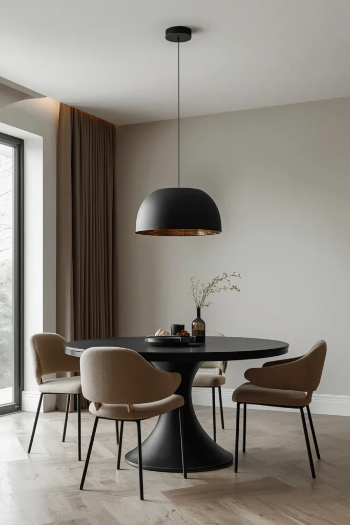 Matte black pendant light above a dining table.