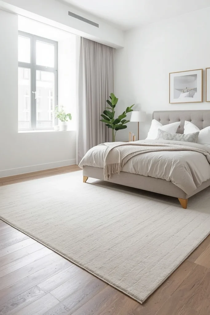 Low-pile wool rug on a clean bedroom floor.