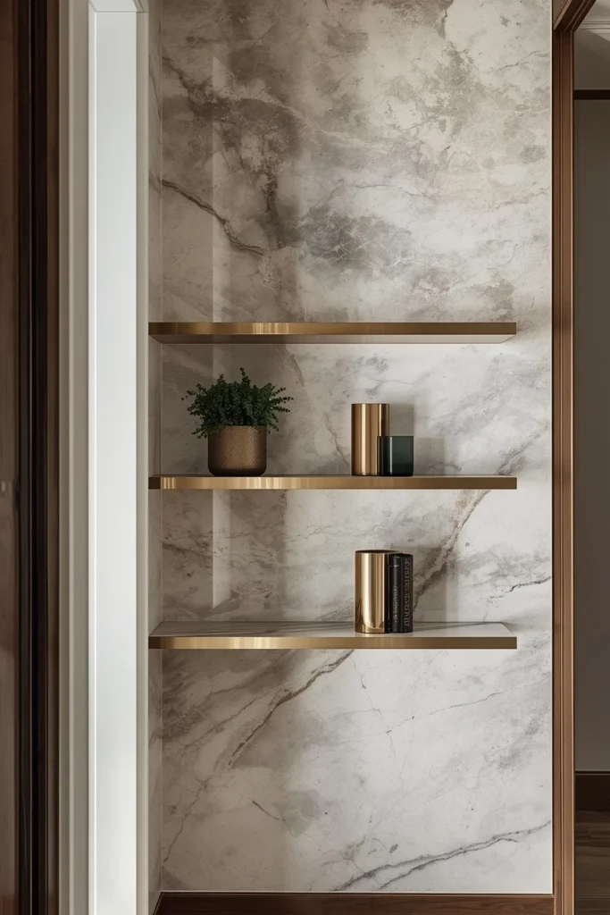 Thin marble shelf with small decor on hallway wall