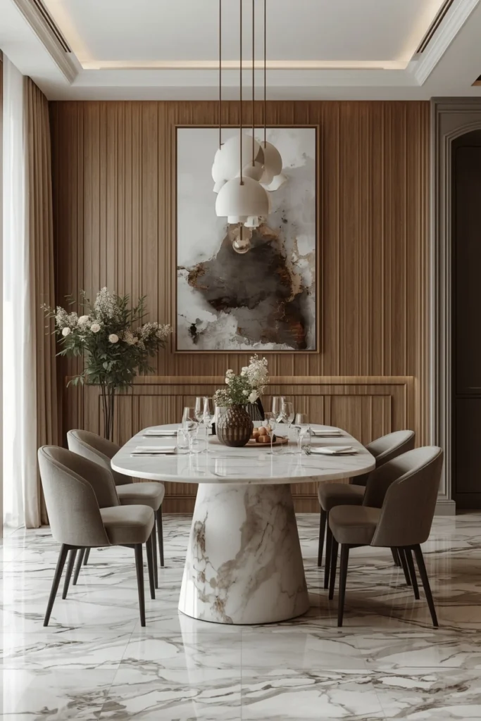 Marble top breakfast table with matte ceramics styled.