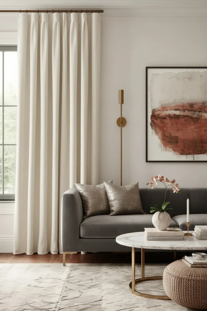 Curtains matched to soft putty living room walls.