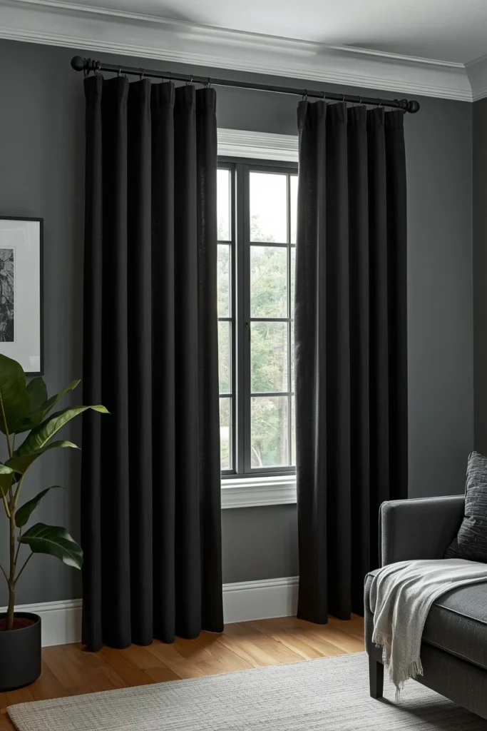 Matte black curtain rod on a light painted wall.