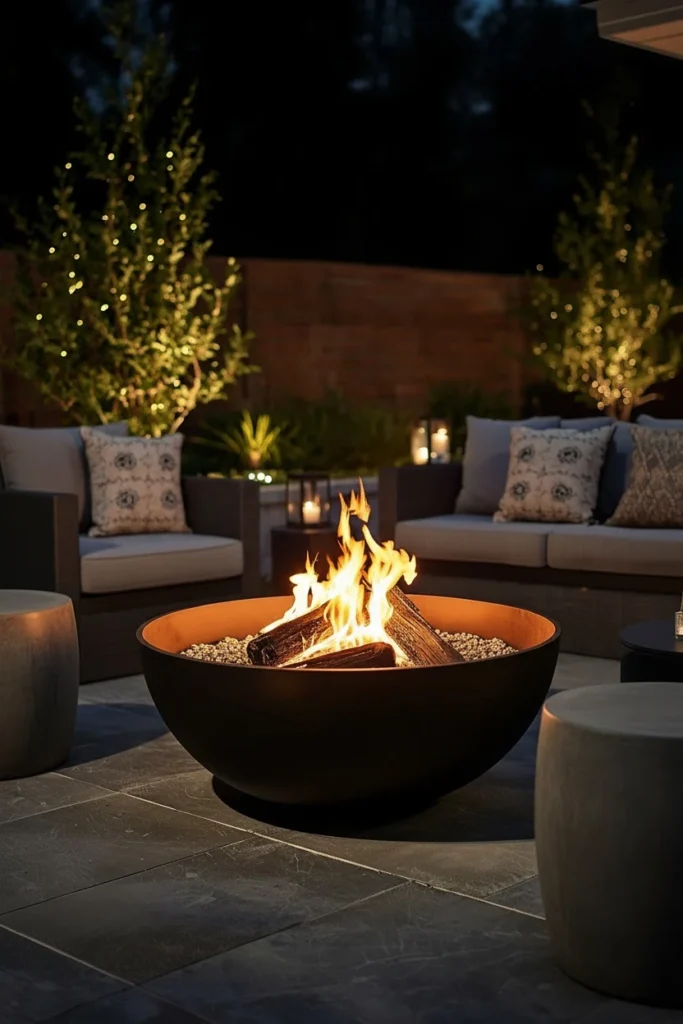 Matte black steel bowl fire pit on slim stand