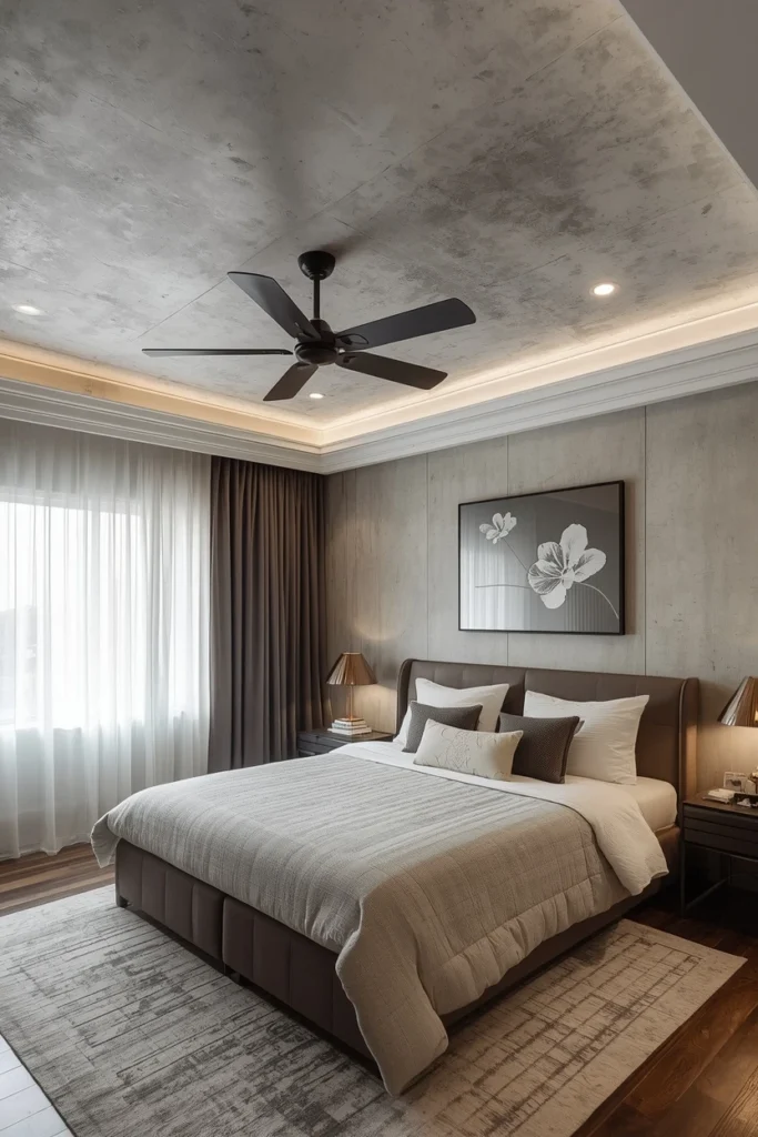 Smooth micro-cement ceiling with subtle concrete texture.