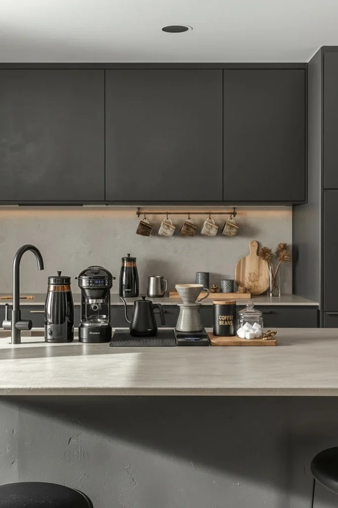 Micro cement counter with a smooth matte finish at coffee bar.