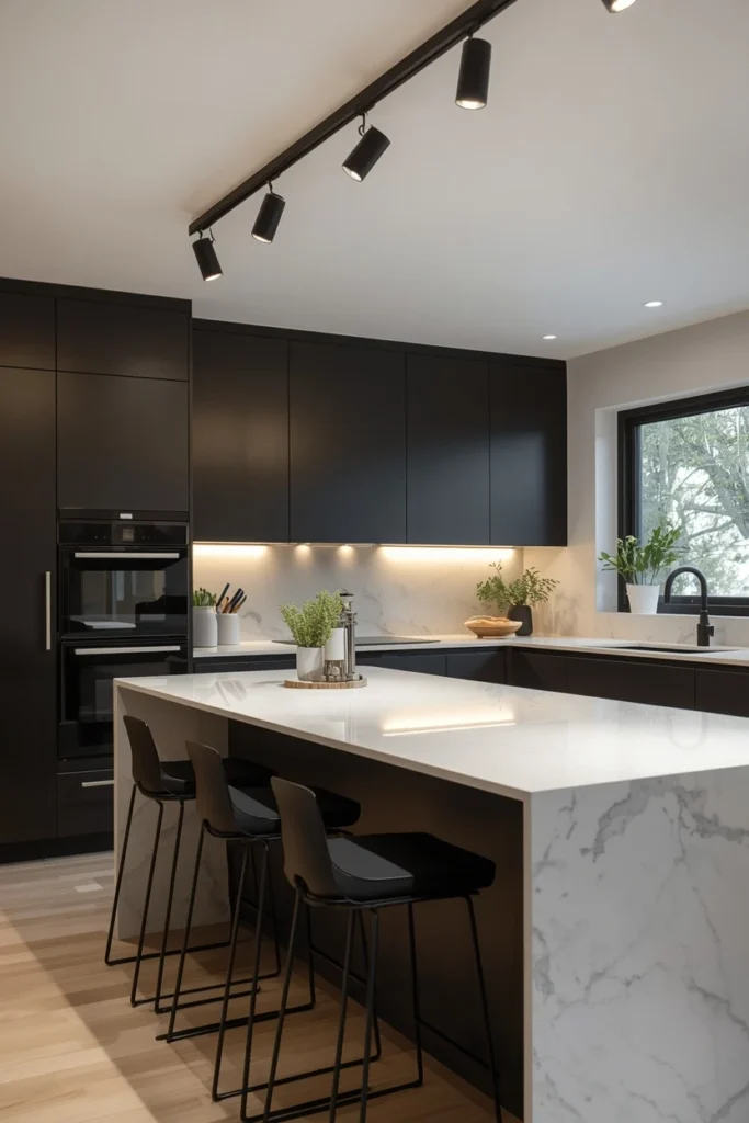 Slim black track lighting installed on a modern kitchen ceiling.