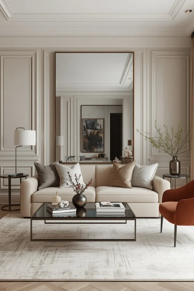 Large round mirror above console table in room.