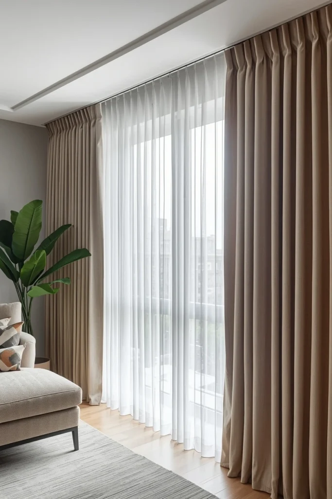 Motorized curtain track fitted above large living room windows.