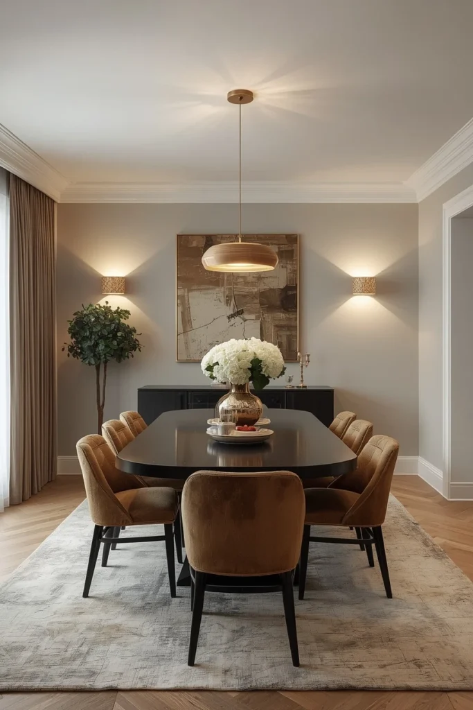 Dining room with layered pendant and wall lights.