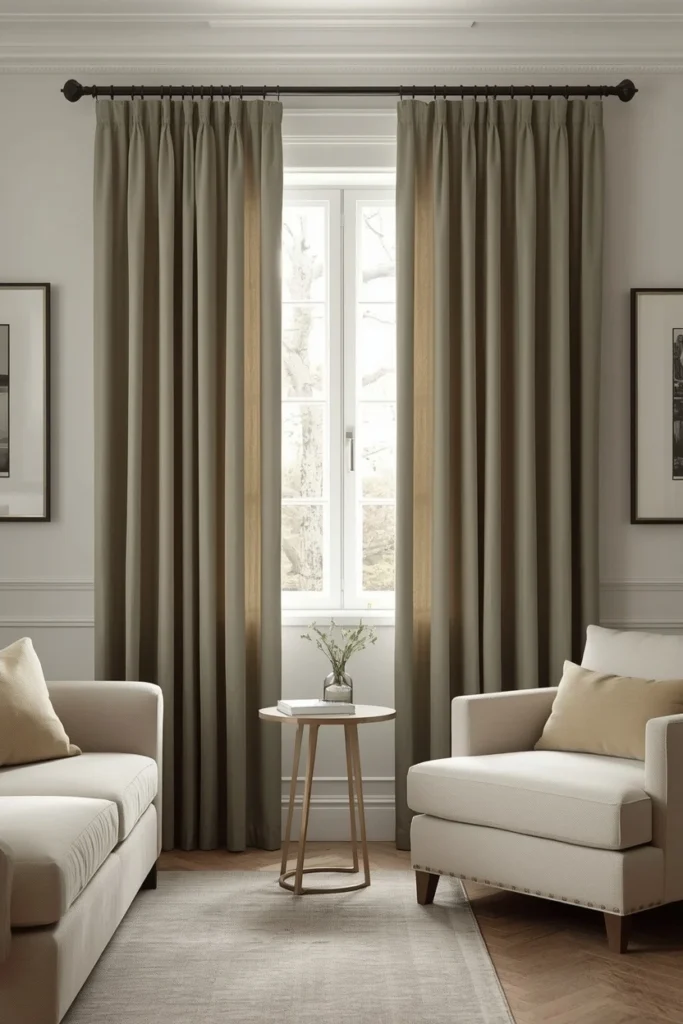 Soft sage green curtains beside a cream linen sofa.