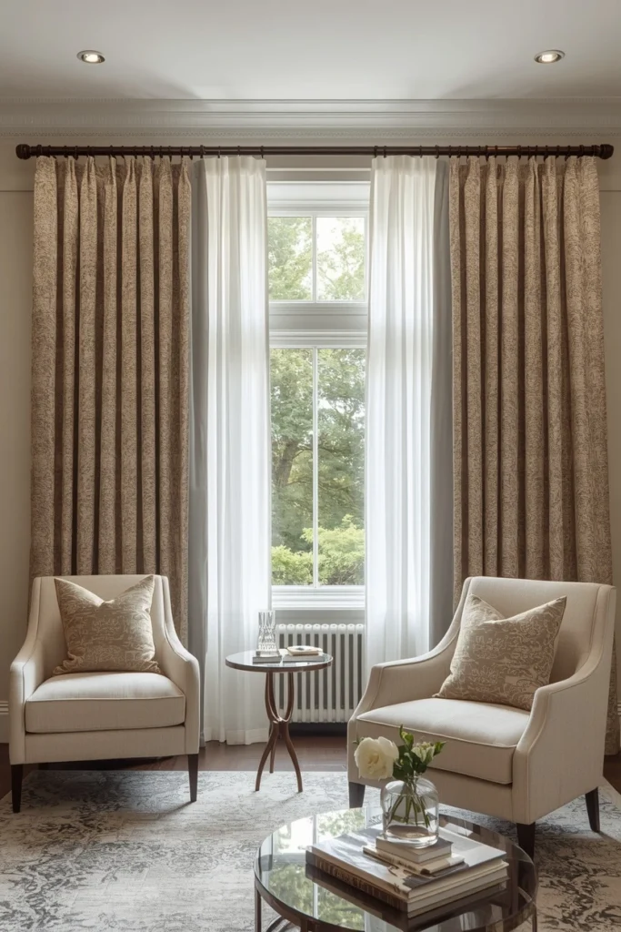 Organic linen curtains hanging in a refined living room.