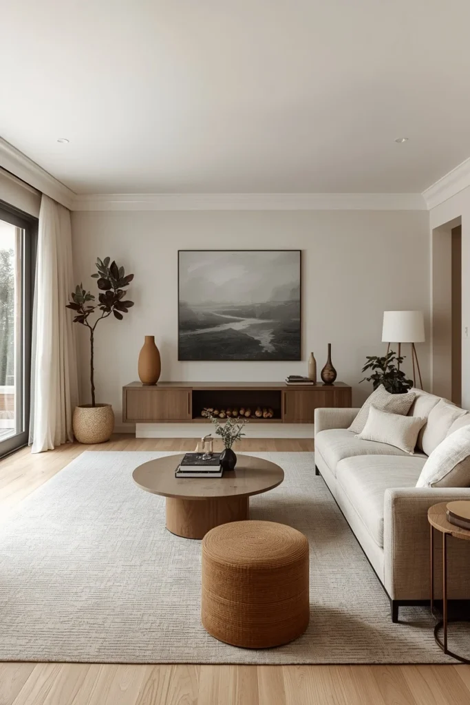 Wood rattan and stone decor in living room.