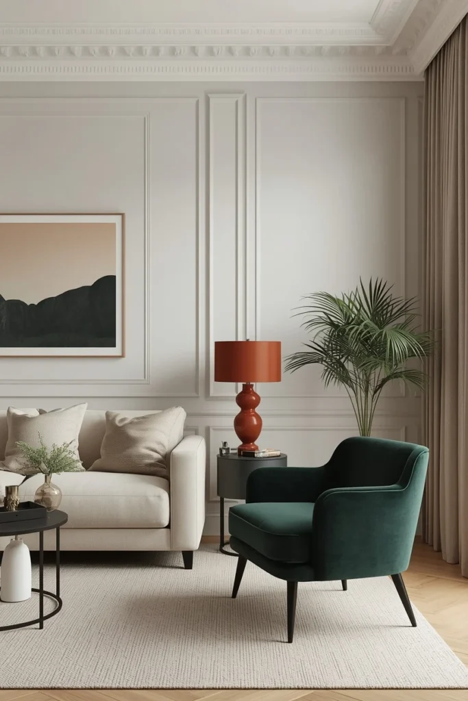 Neutral living room with one bold green chair