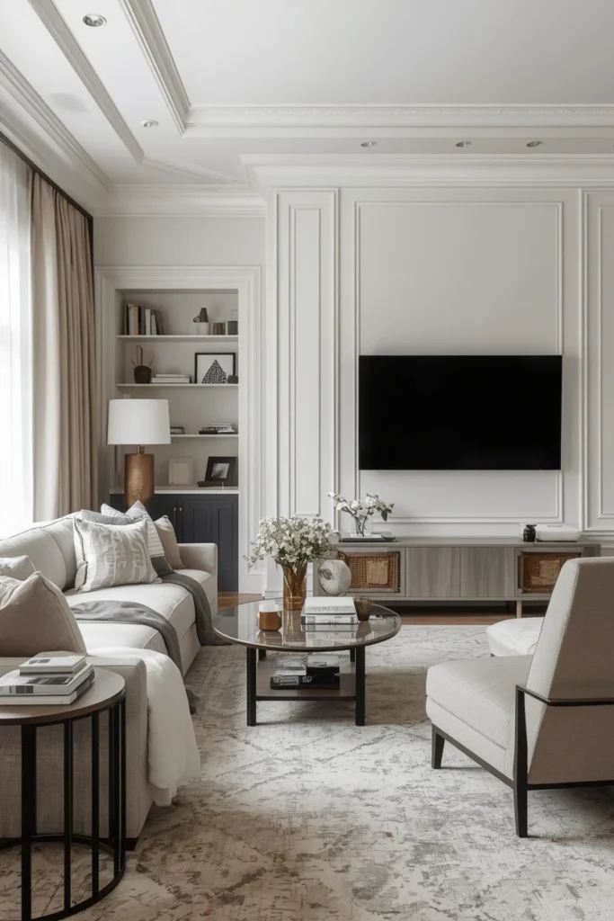 Cream and oat tones across a living room.