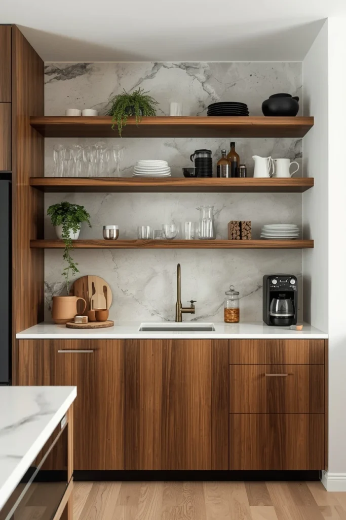 Open wooden shelves holding mugs above a coffee bar.