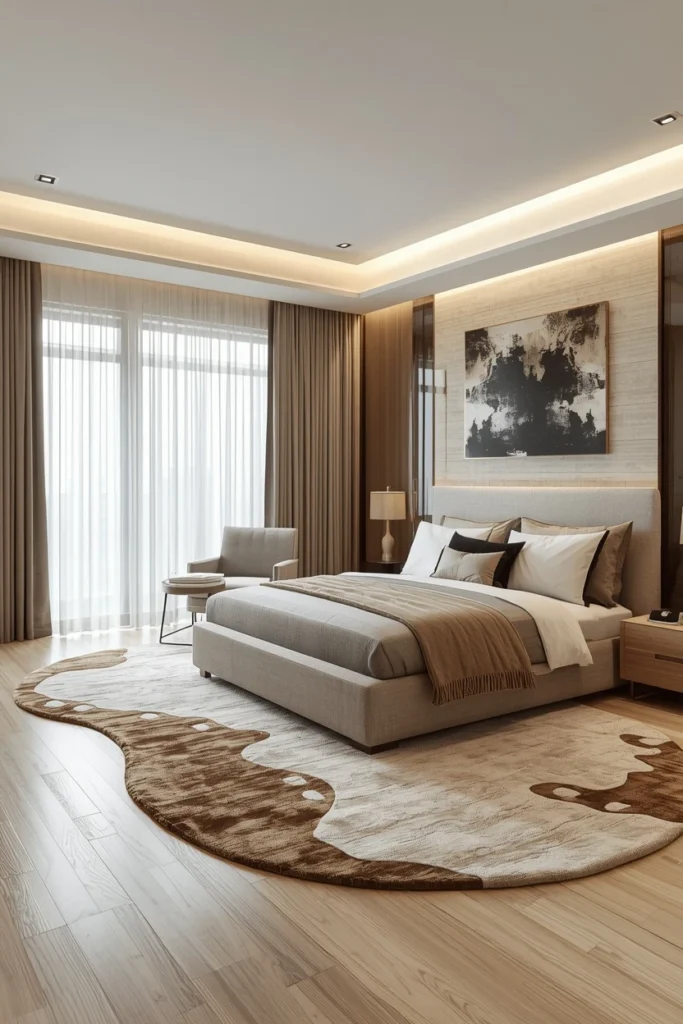 Organic shaped rug with soft curves beside bed.