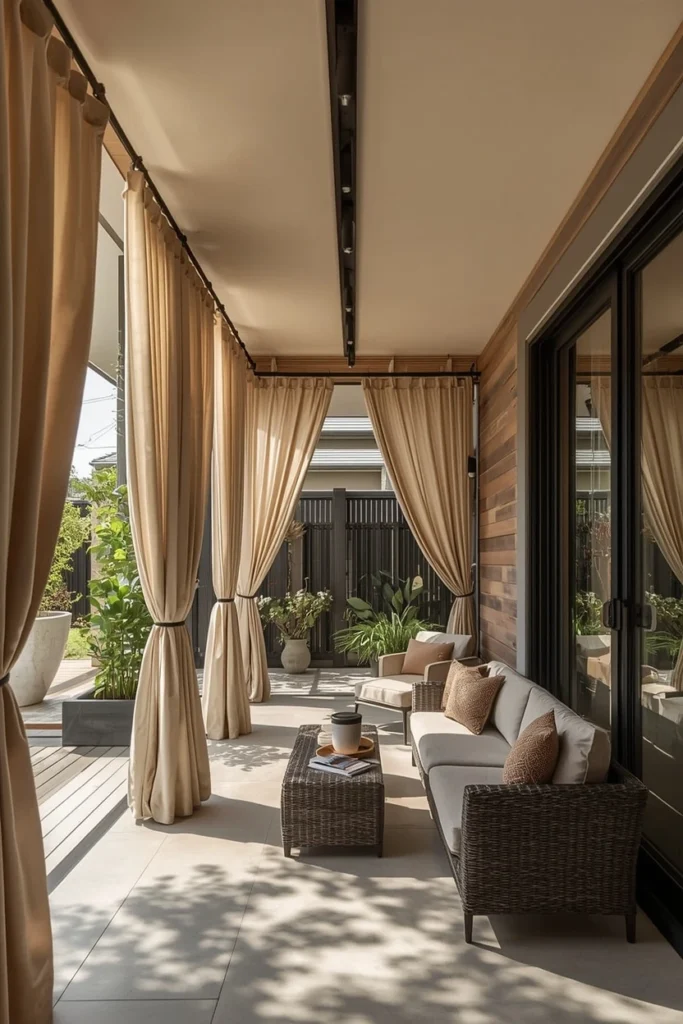 Outdoor curtains hanging from ceiling track system