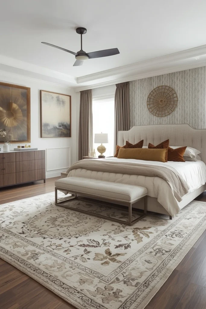 Large oversized rug extending past the bed frame.