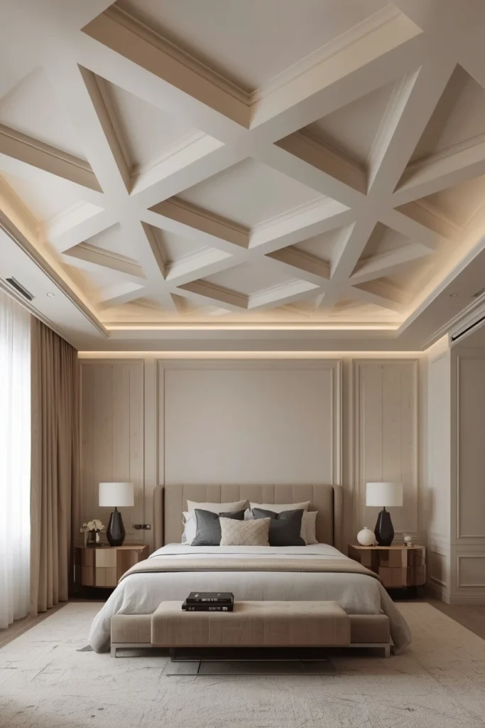Bold geometric plaster shapes on a modern ceiling.