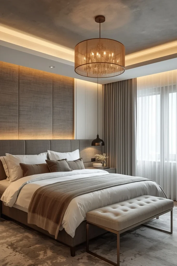 Rattan pendant light hanging above a bed.