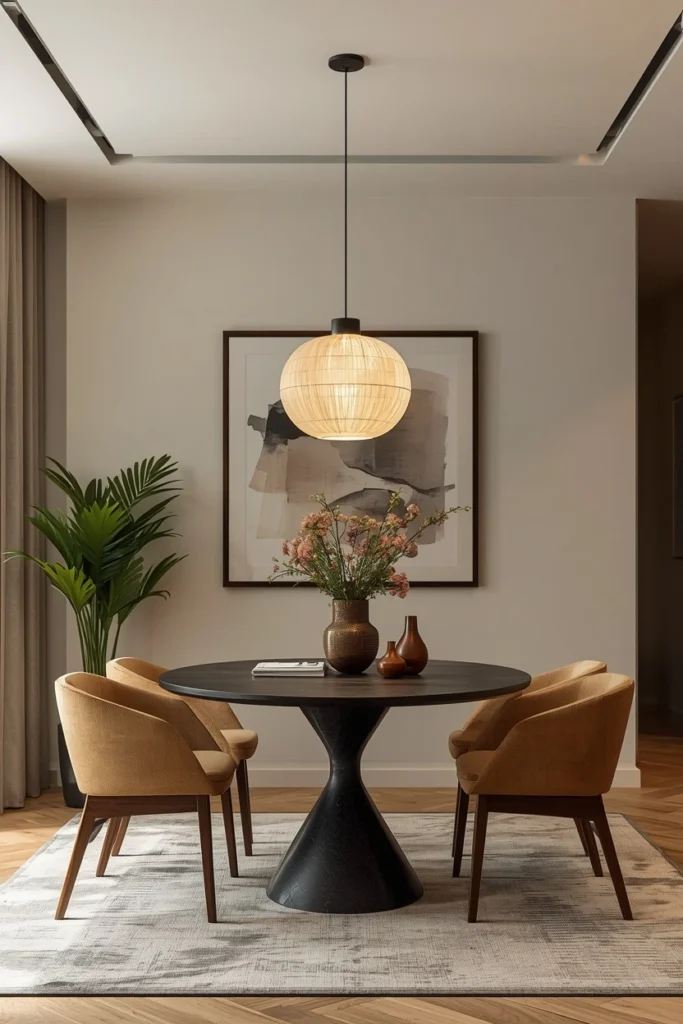 Rattan pendant light above small dining table