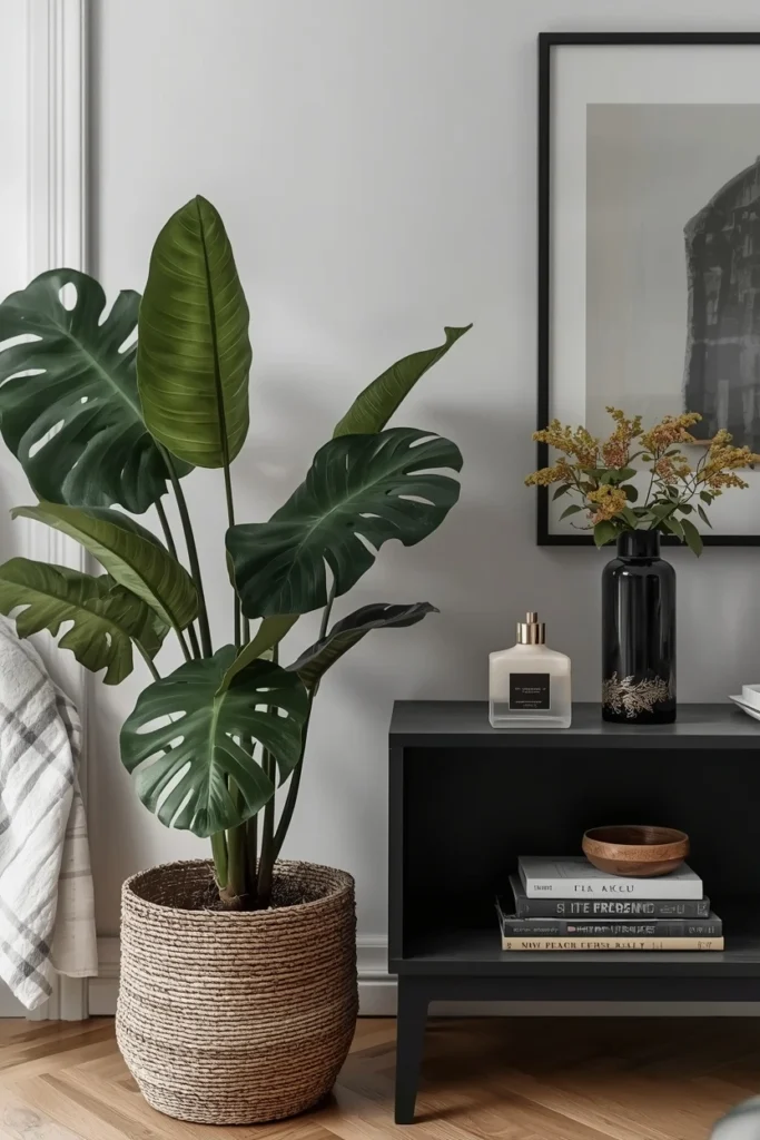 Large monstera plant beside diffuser in apartment
