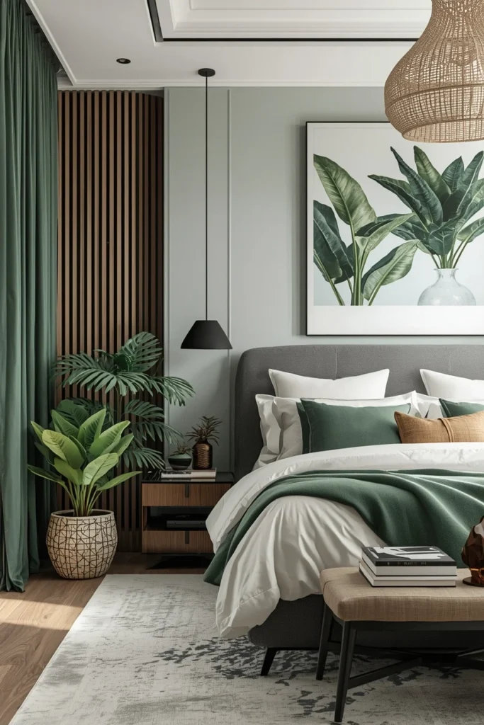 Fiddle fig and trailing plants in a bright bedroom.