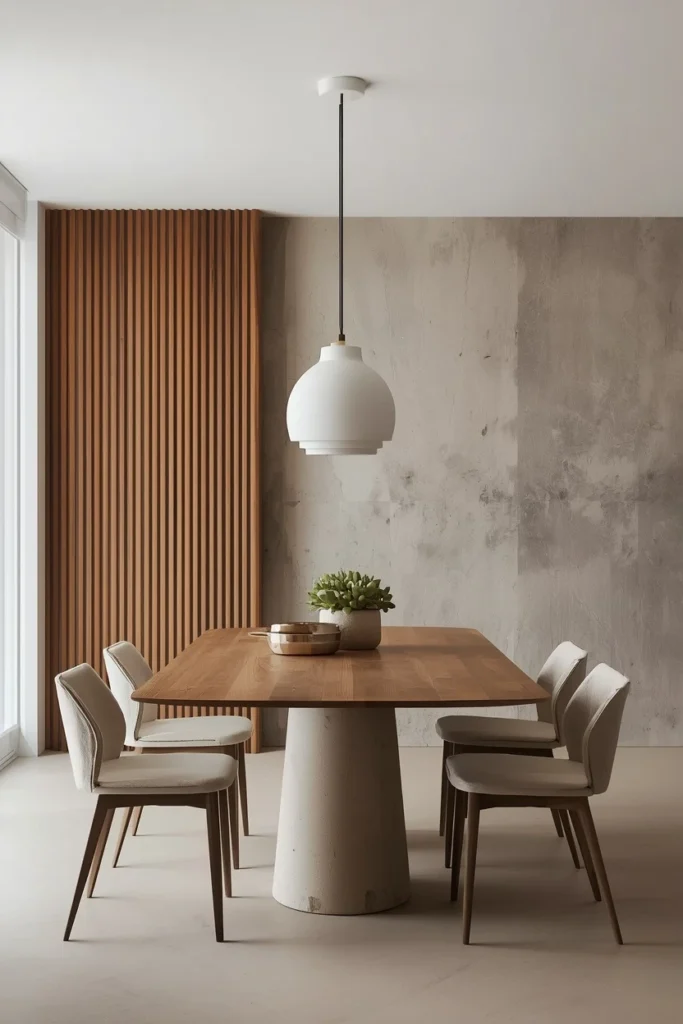 Matte plaster pendant light in a neutral dining room.