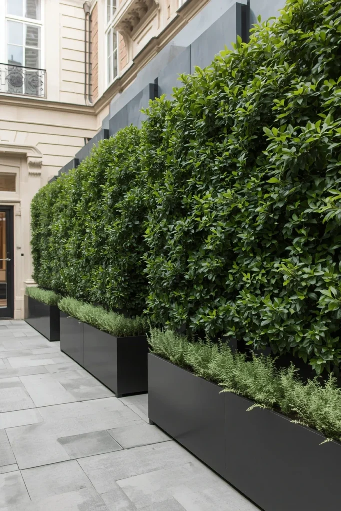 Pleached trees providing structured terrace privacy screening