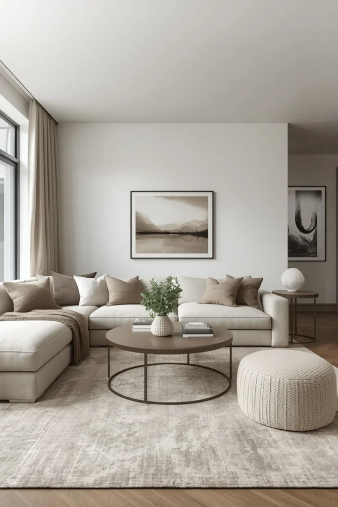 Large wool rug under sofa and chairs.