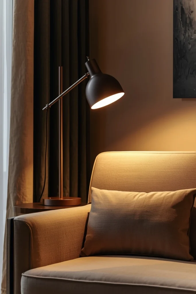 Adjustable arm lamp placed beside a reading chair.