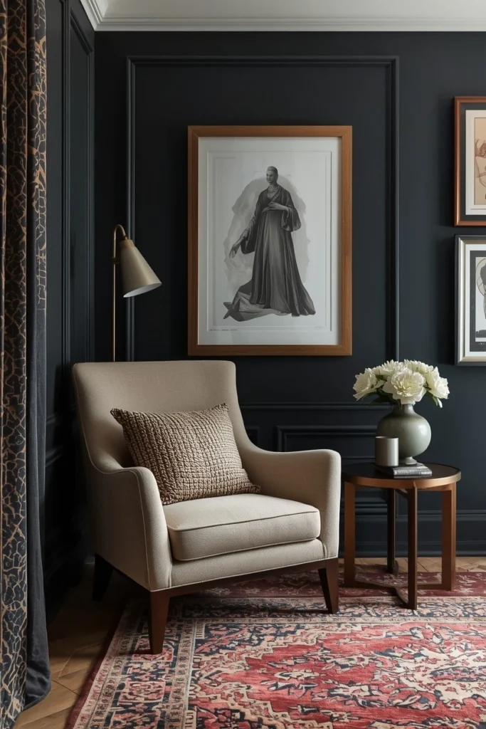 Dark accent wall behind a reading armchair.