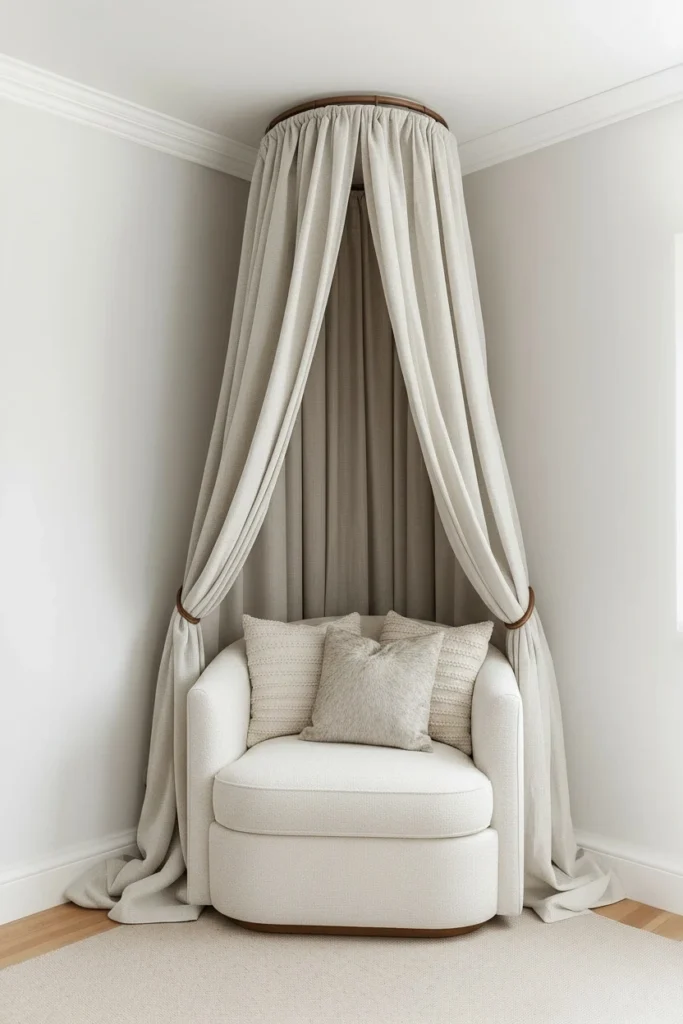 Linen canopy draped above a cozy reading armchair.