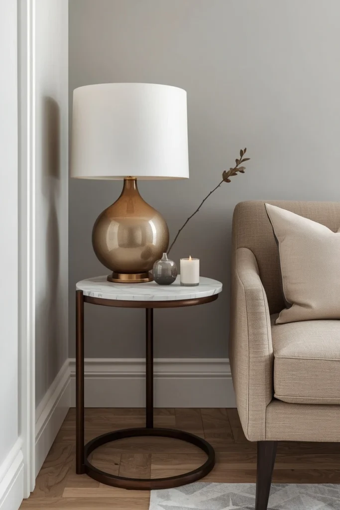Marble top side table styled beside reading chair.