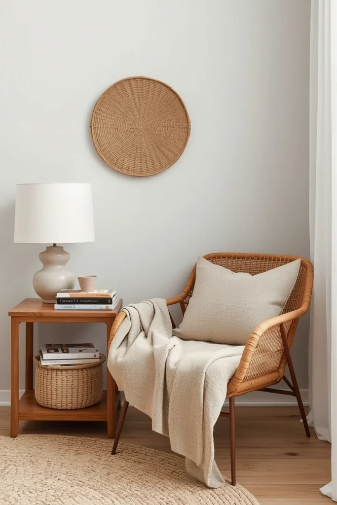 Wooden side table and rattan basket in reading nook.