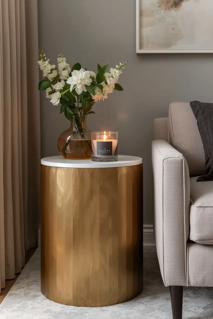 Scented candle on side table in a reading corner.