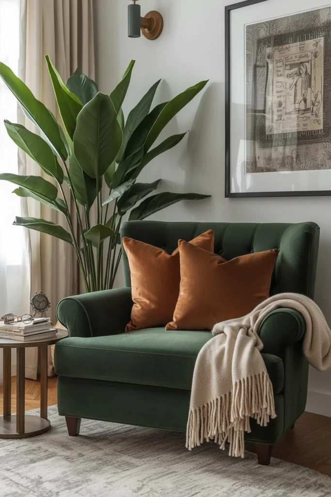 Velvet cushions and wool throw on reading armchair.
