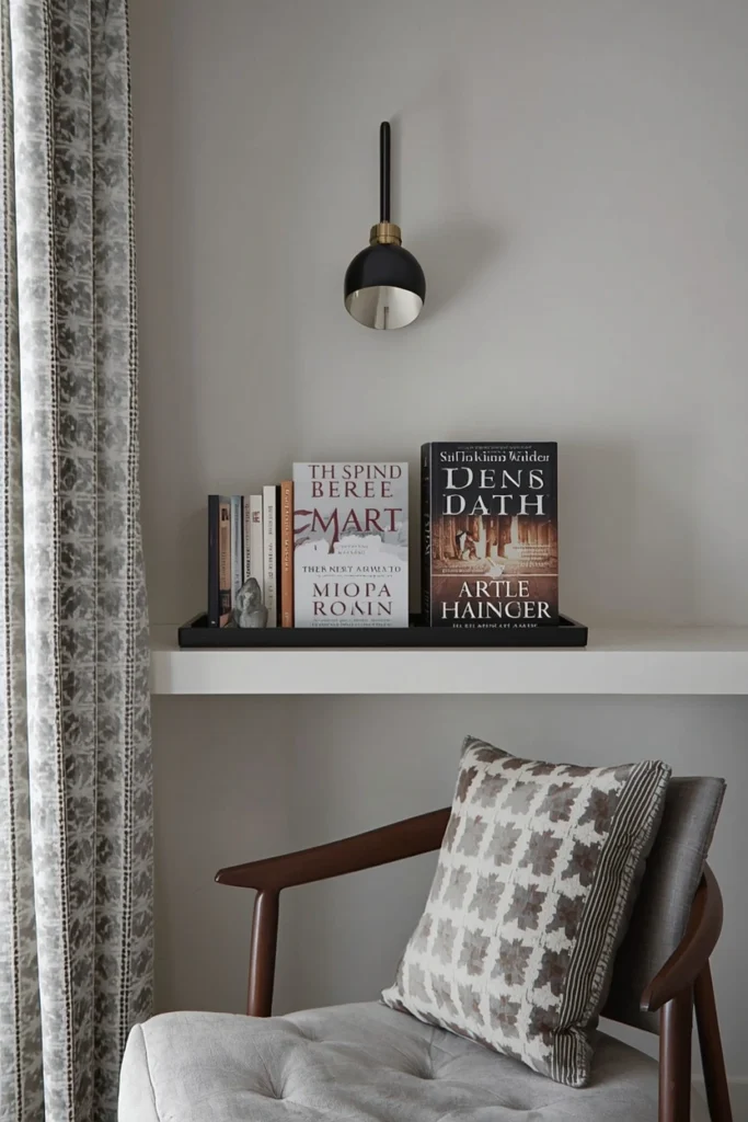Narrow wall ledge with forward facing book display.