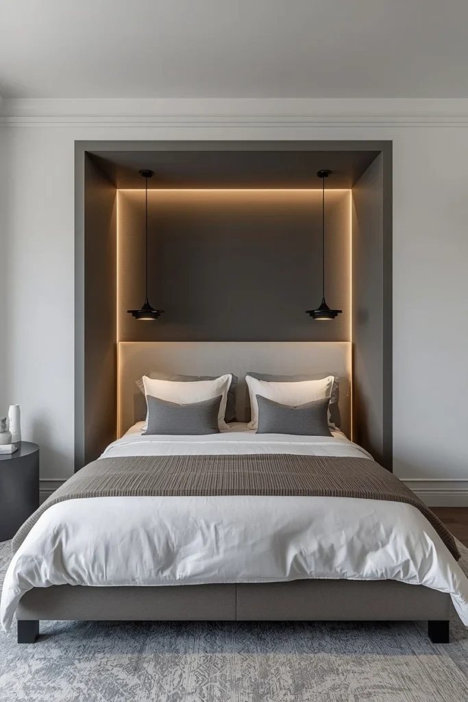 Recessed ceiling niche framing the bed from above.