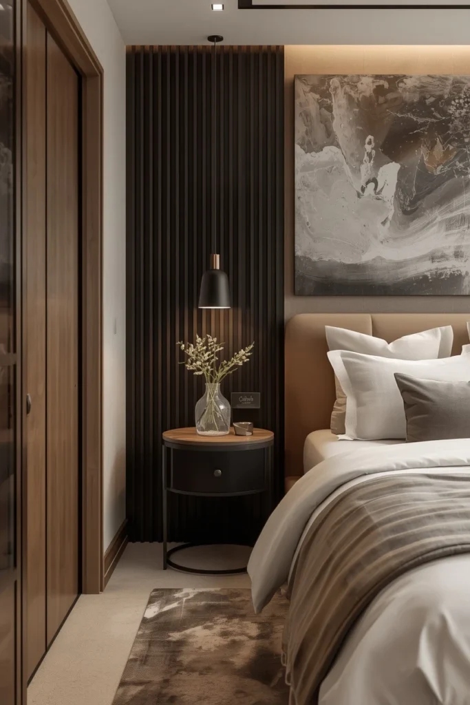 Ceramic reed diffuser on a guest bedroom dresser.