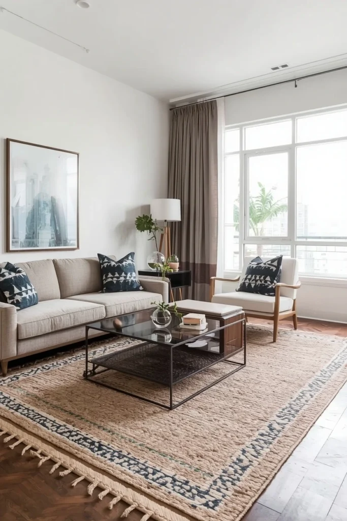 Correctly sized layered rugs in small living room