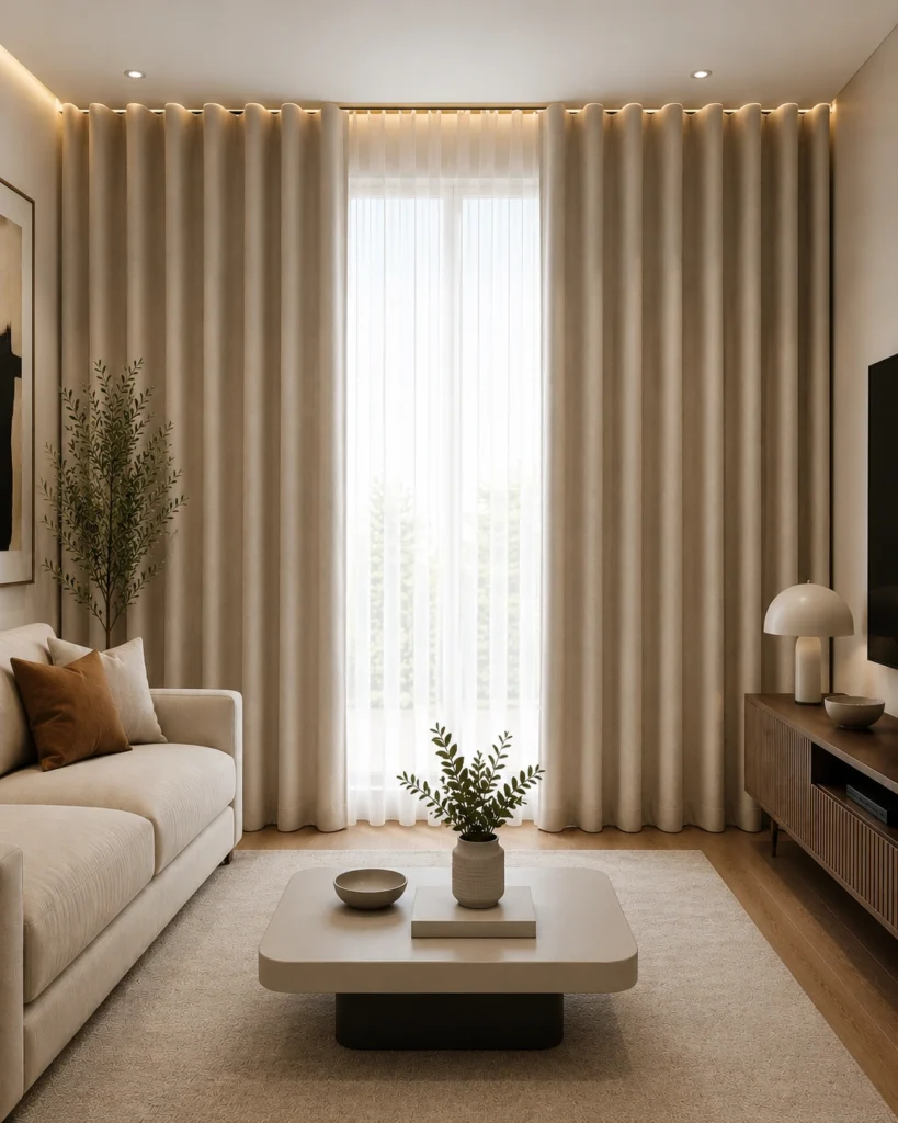 Ripple fold linen curtains in a contemporary living room.