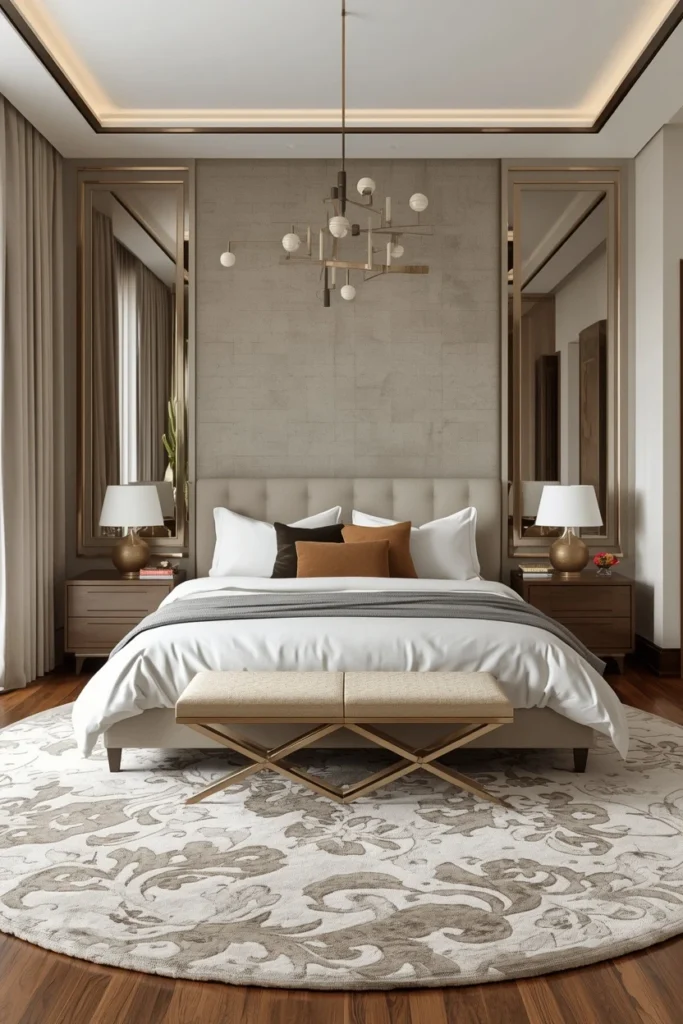 Round rug placed softly at the foot of bed.